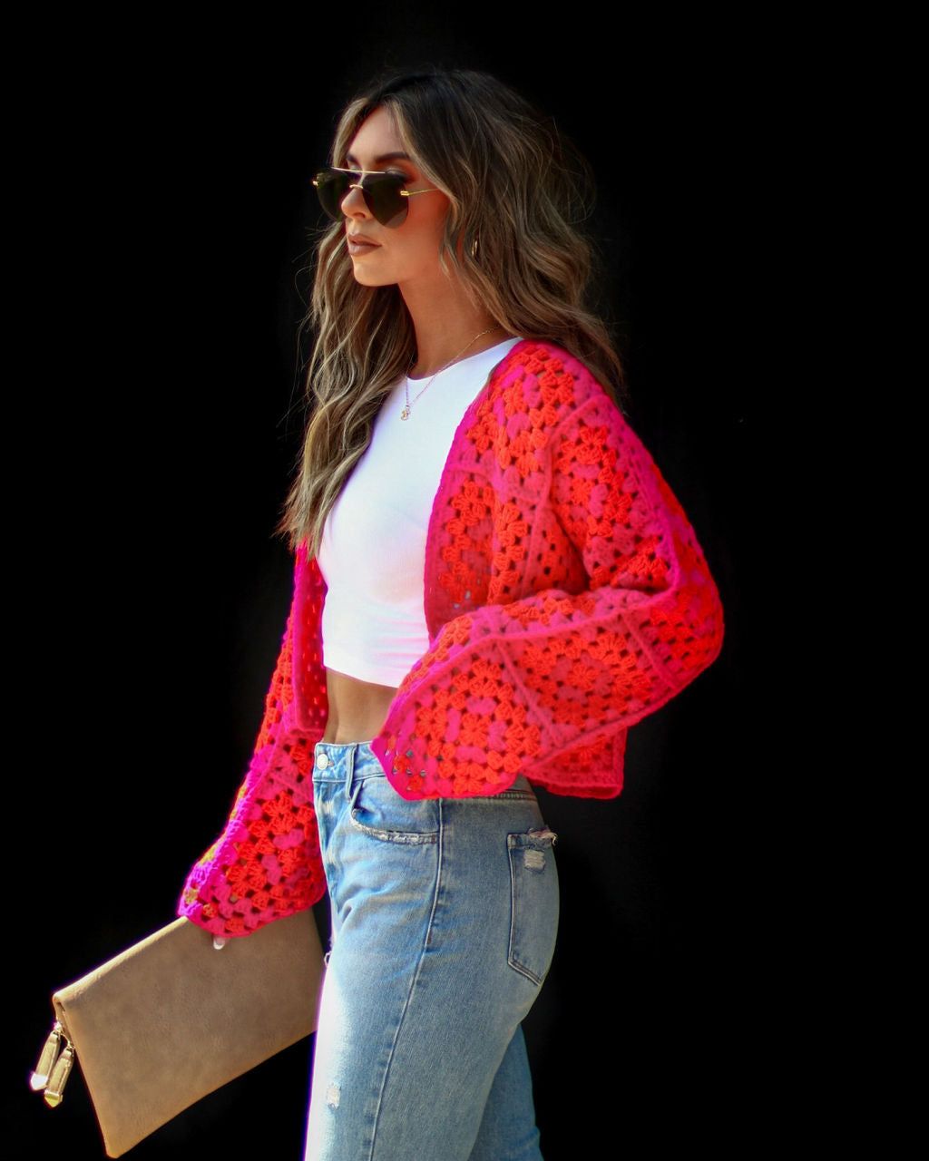 Tracee Abstract Crochet Cardigan - Pink/Orange sold by Vici product image thumbnail 4