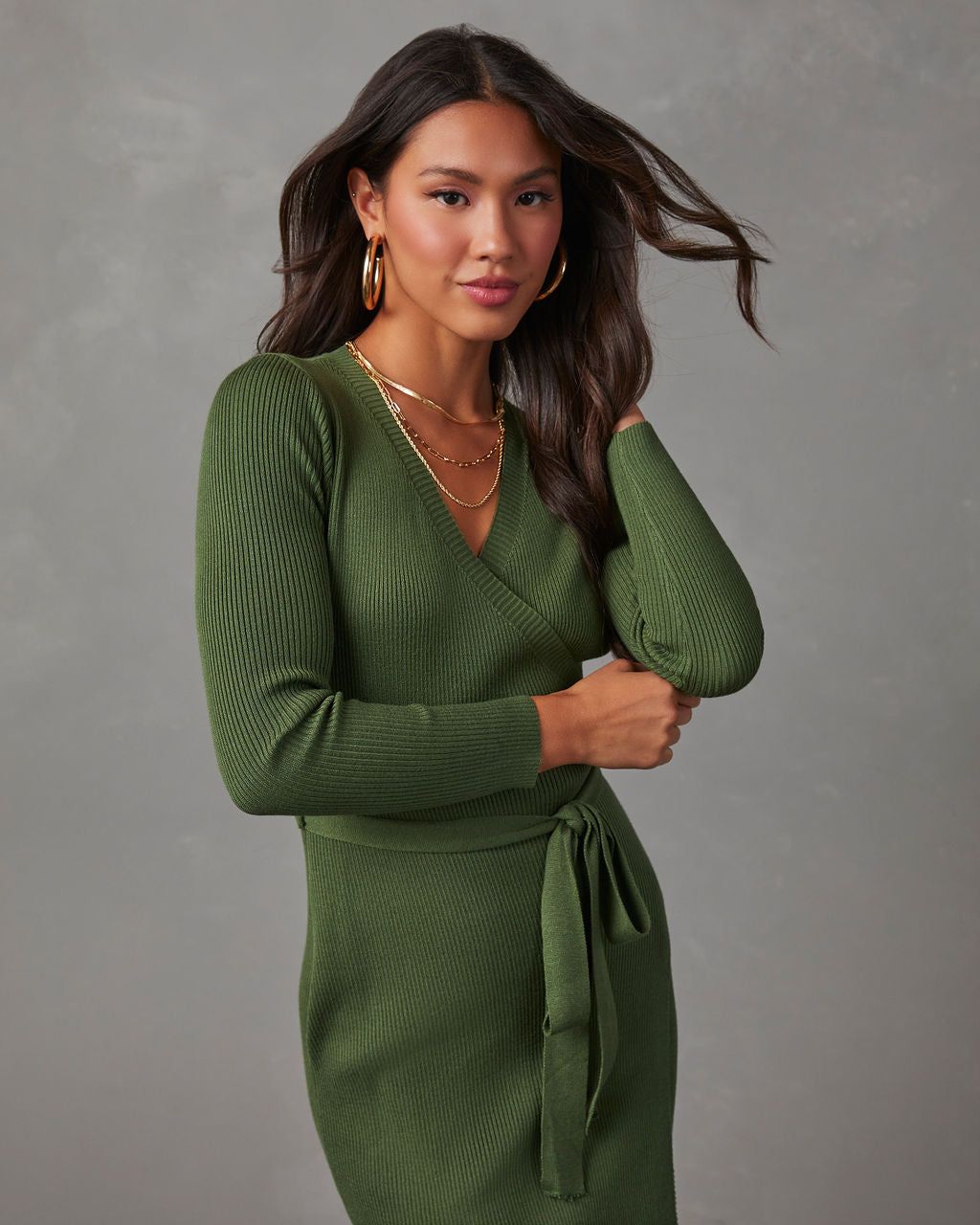 Tawny Long Sleeve Wrap Sweater Dress - Olive sold by Vici product image thumbnail 5
