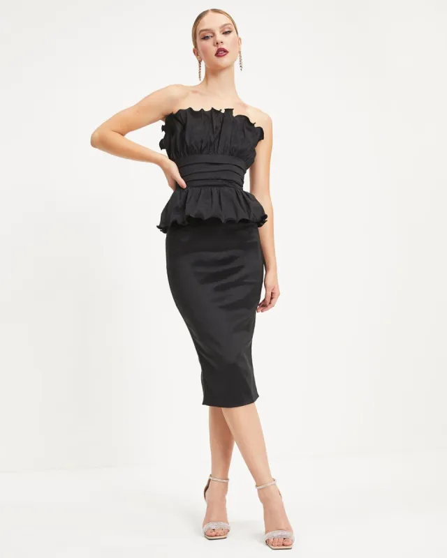Raven Strapless Peplum Midi Dress sold by Vici