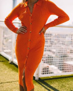 Ari Collared Button Down Knit Midi Dress - Orange - FINAL SALE sold by Vici