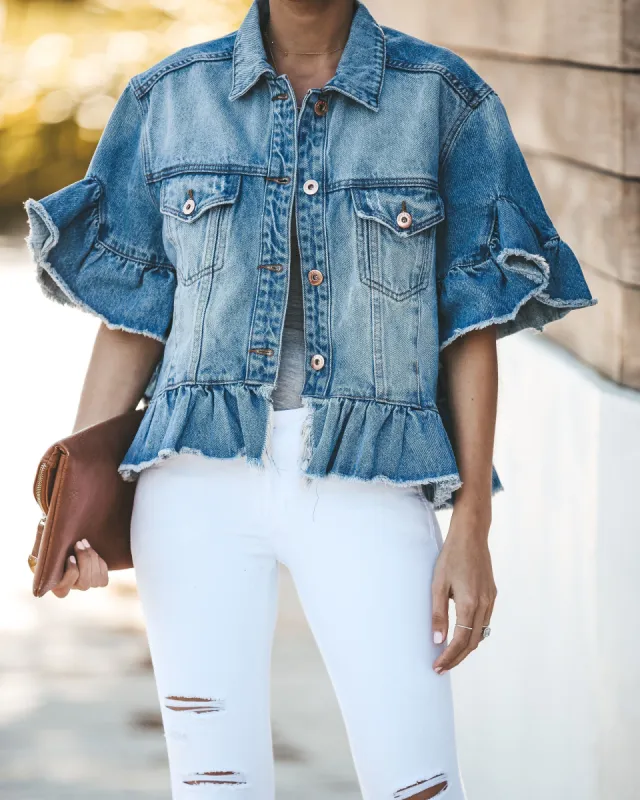 Bella Ruffle Denim Jacket - Medium Wash - FINAL SALE sold by Vici
