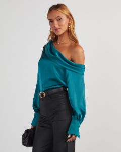 Runway Girl Satin Off Shoulder Top - Emerald sold by Vici