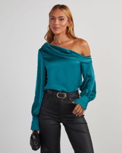 Runway Girl Satin Off Shoulder Top - Emerald sold by Vici