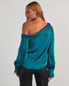Runway Girl Satin Off Shoulder Top - Emerald sold by Vici
