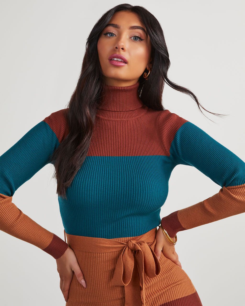 Hit The City Striped Tie Waist Midi Sweater Dress - Brown/Teal sold by Vici product image thumbnail 2
