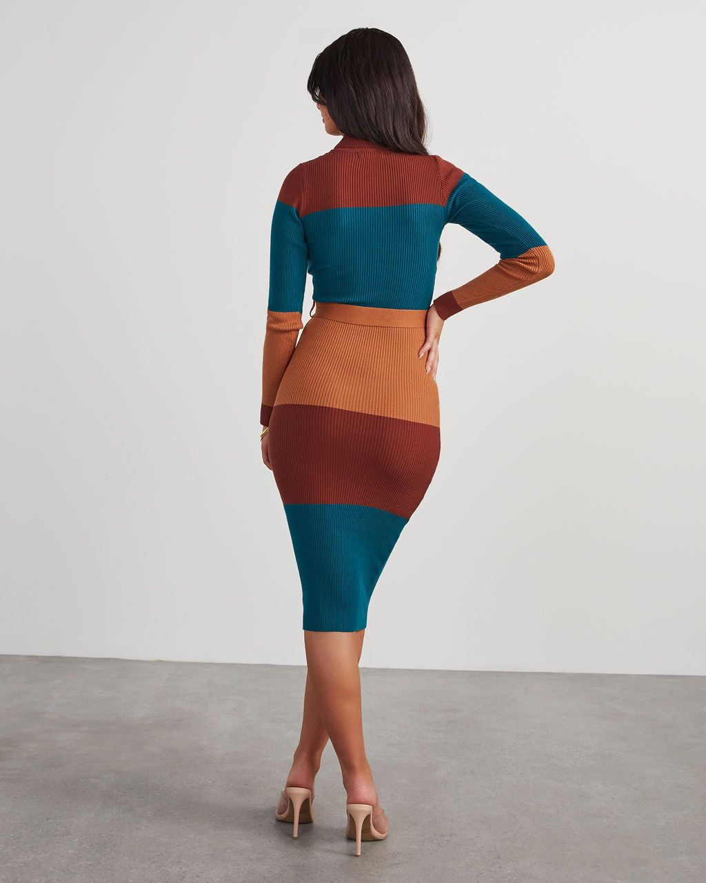 Hit The City Striped Tie Waist Midi Sweater Dress - Brown/Teal sold by Vici product image thumbnail 4