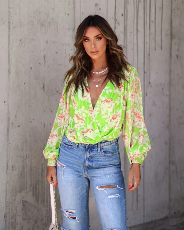 Haven Floral Chiffon Balloon Sleeve Bodysuit - Lime - FINAL SALE sold by Vici