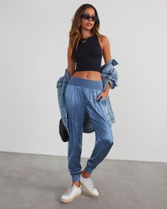 Luxe Look Satin Pocketed Joggers - Slate Blue sold by Vici