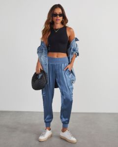 Luxe Look Satin Pocketed Joggers - Slate Blue sold by Vici