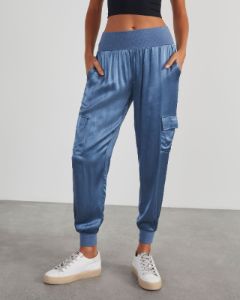 Luxe Look Satin Pocketed Joggers - Slate Blue sold by Vici