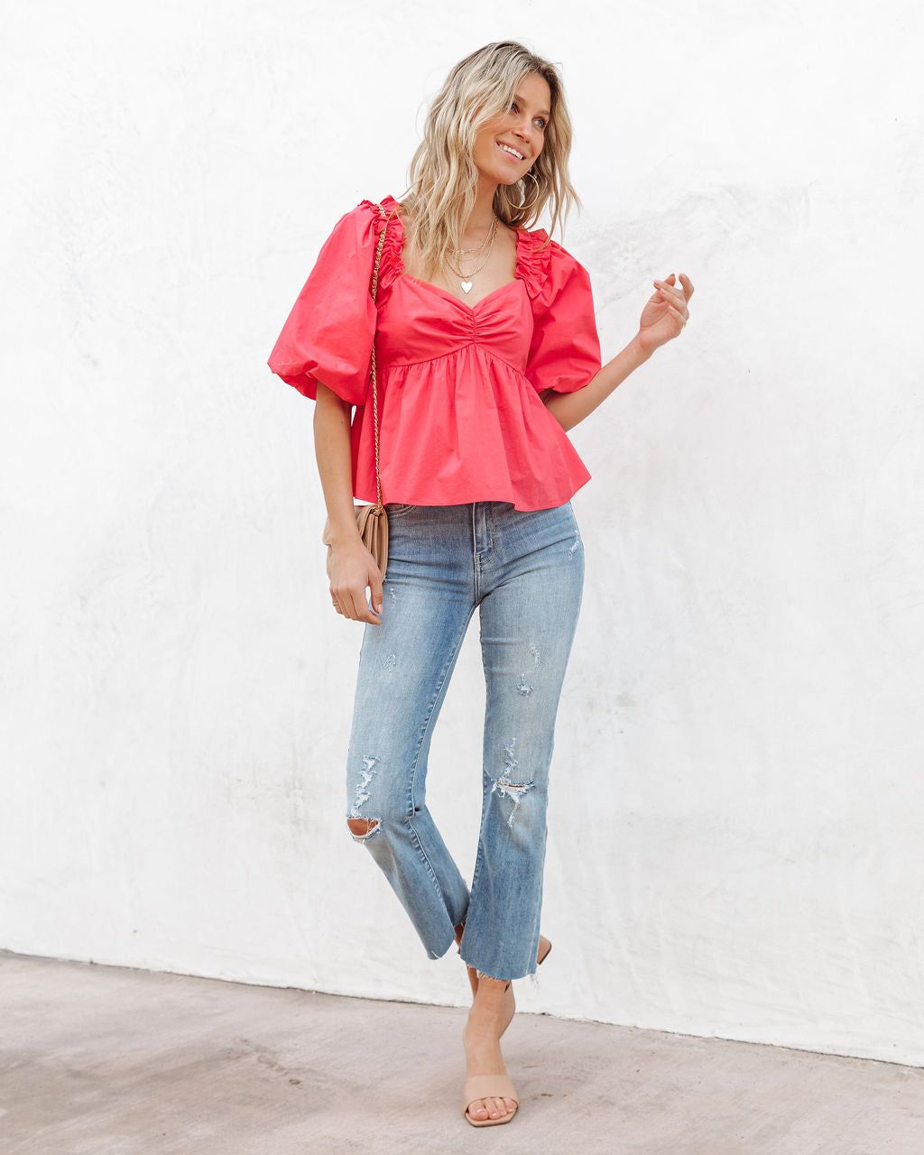 Kenzie Cotton Babydoll Puff Sleeve Top - Coral - FINAL SALE sold by Vici product image thumbnail 6
