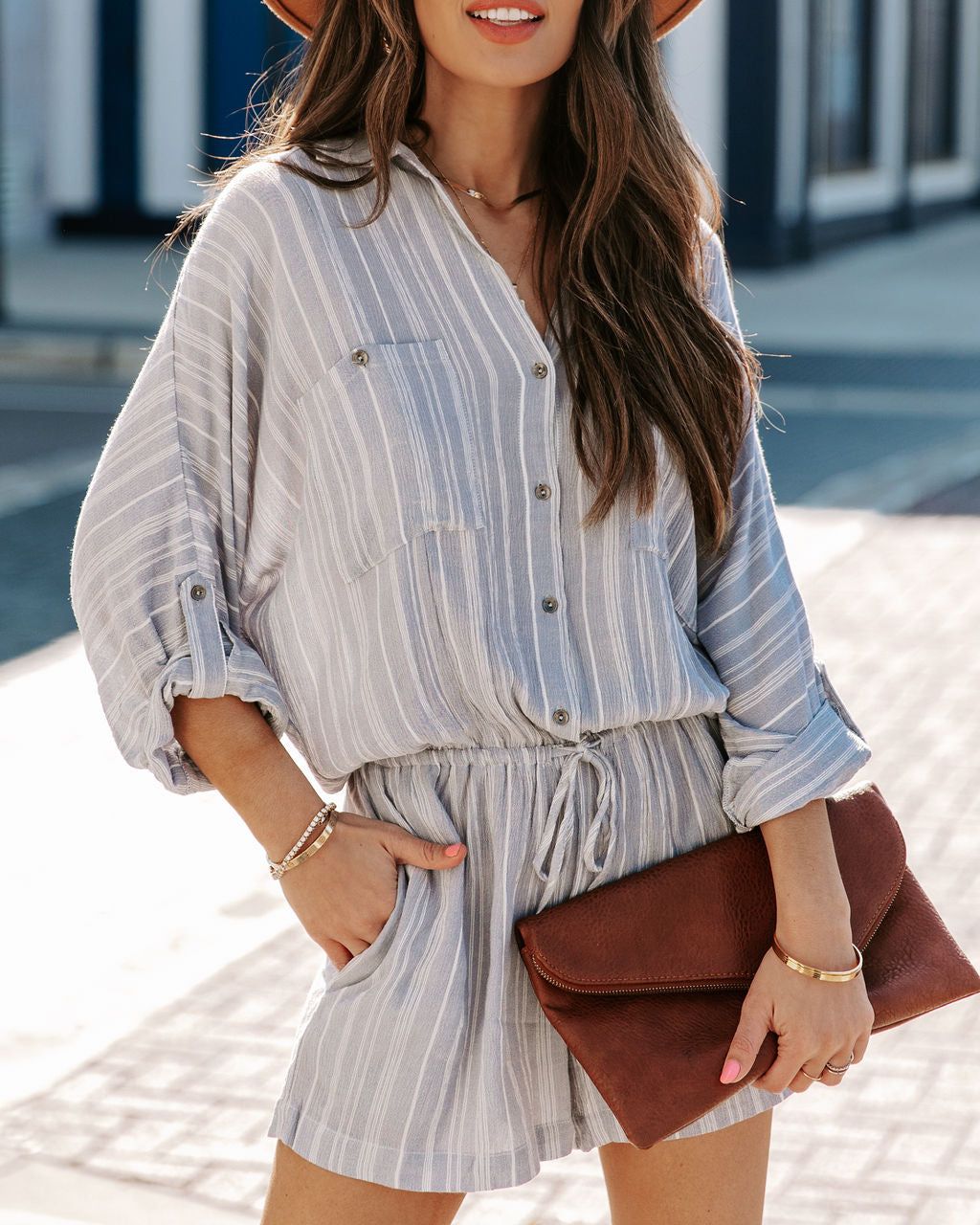 Jairo Pocketed Striped Button Down Romper - Chambray - LAST CHANCE sold by Vici product image thumbnail 4