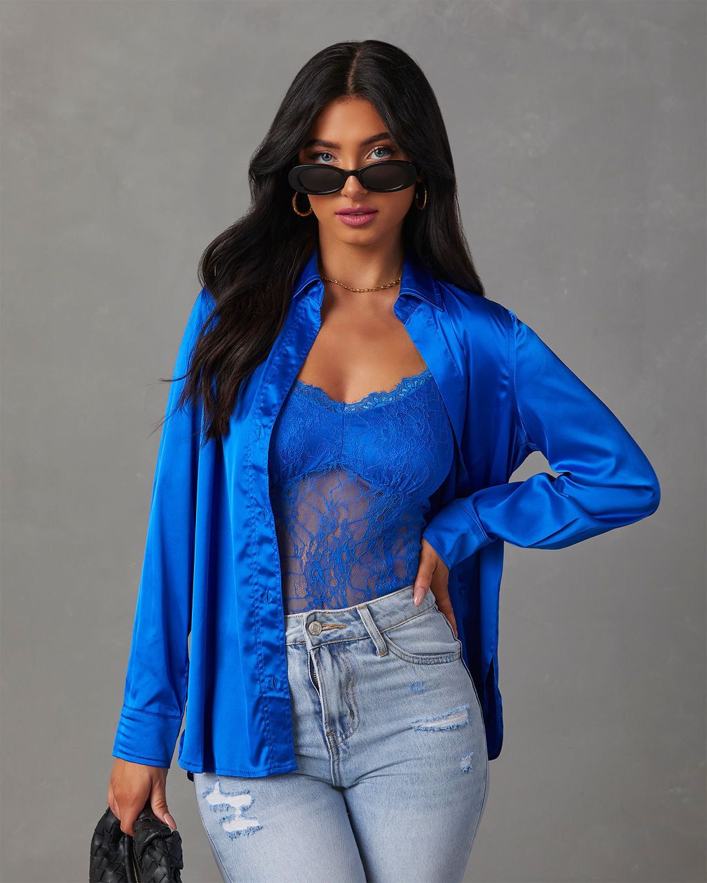 Nadine Satin Button Down Top - Cobalt Blue sold by Vici product image thumbnail 5