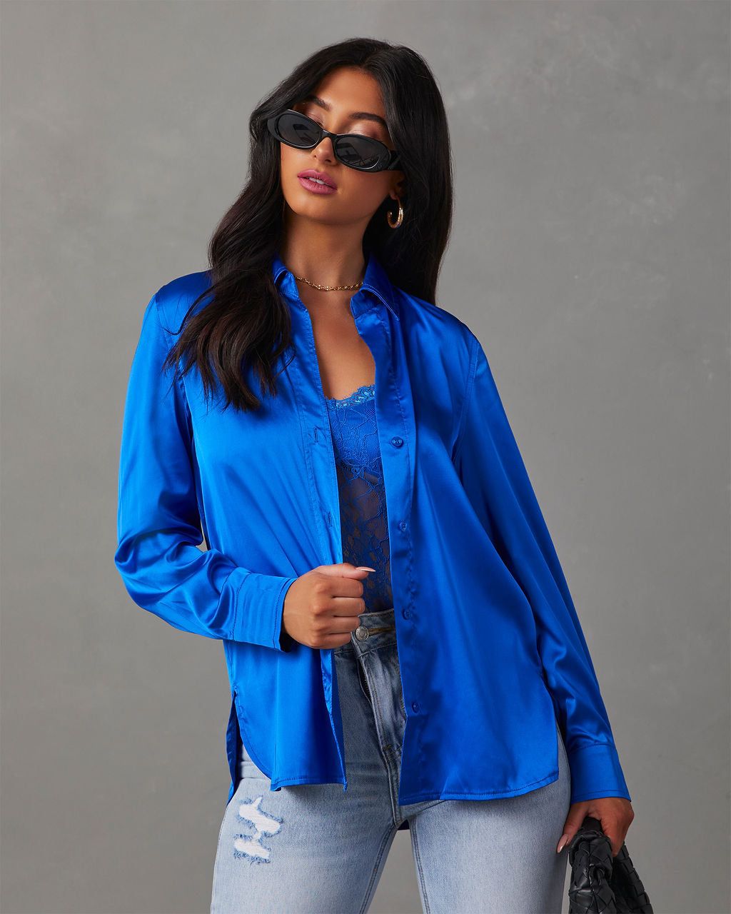 Nadine Satin Button Down Top - Cobalt Blue sold by Vici