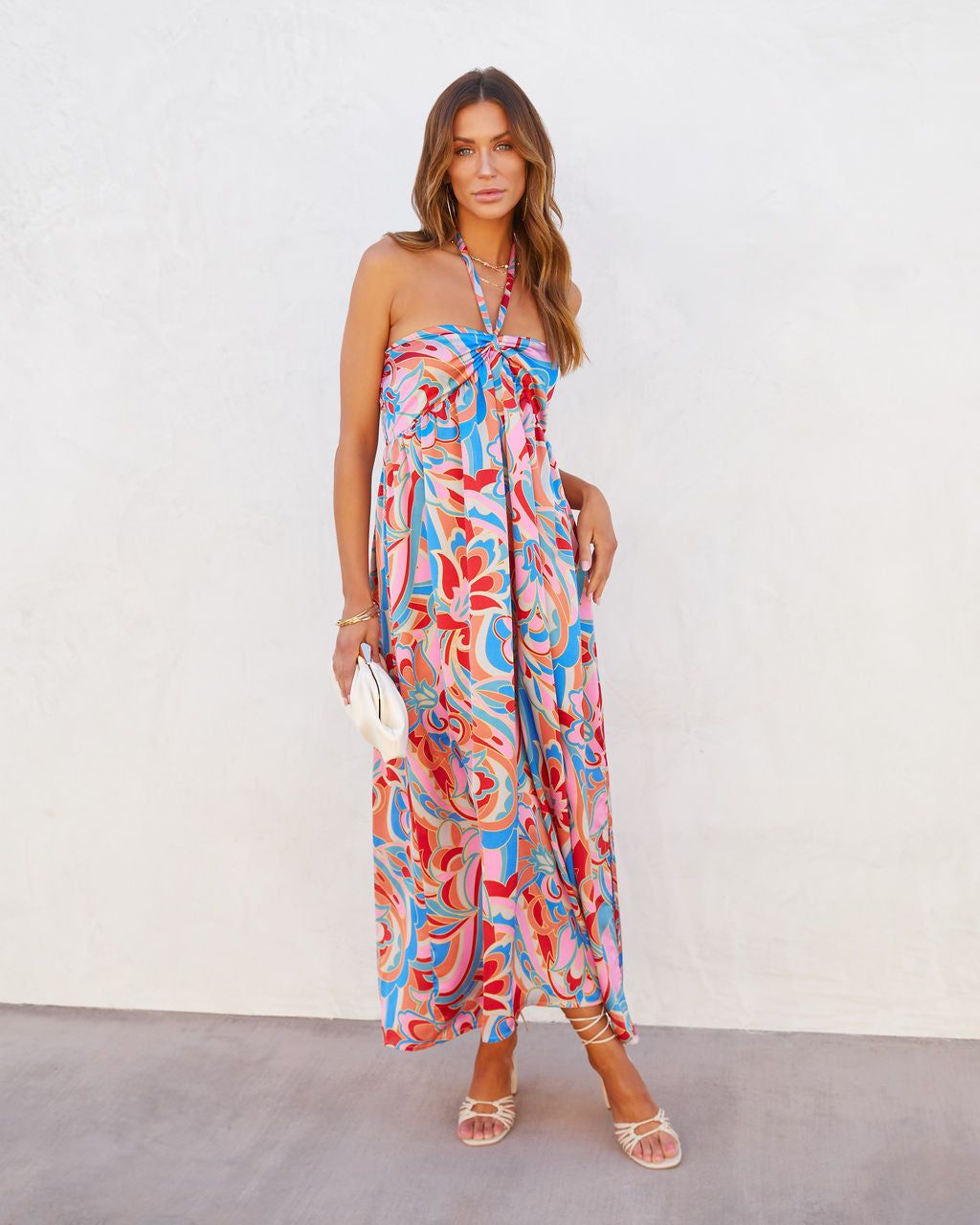 Freya Satin Printed Halter Maxi Dress sold by Vici