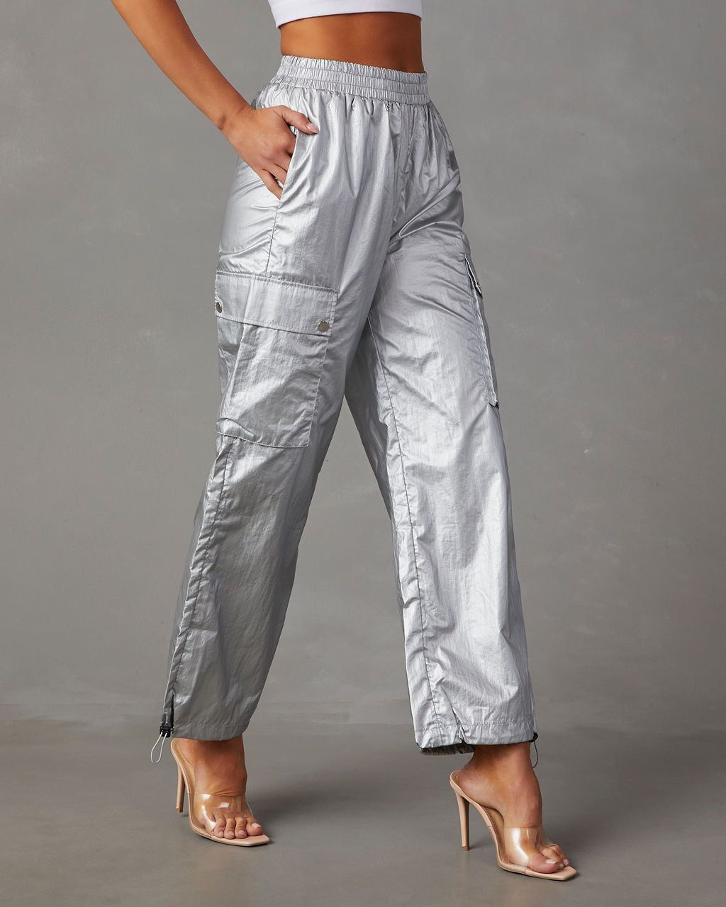 Miley High Rise Metallic Cargo Pants - Silver sold by Vici product image thumbnail 2