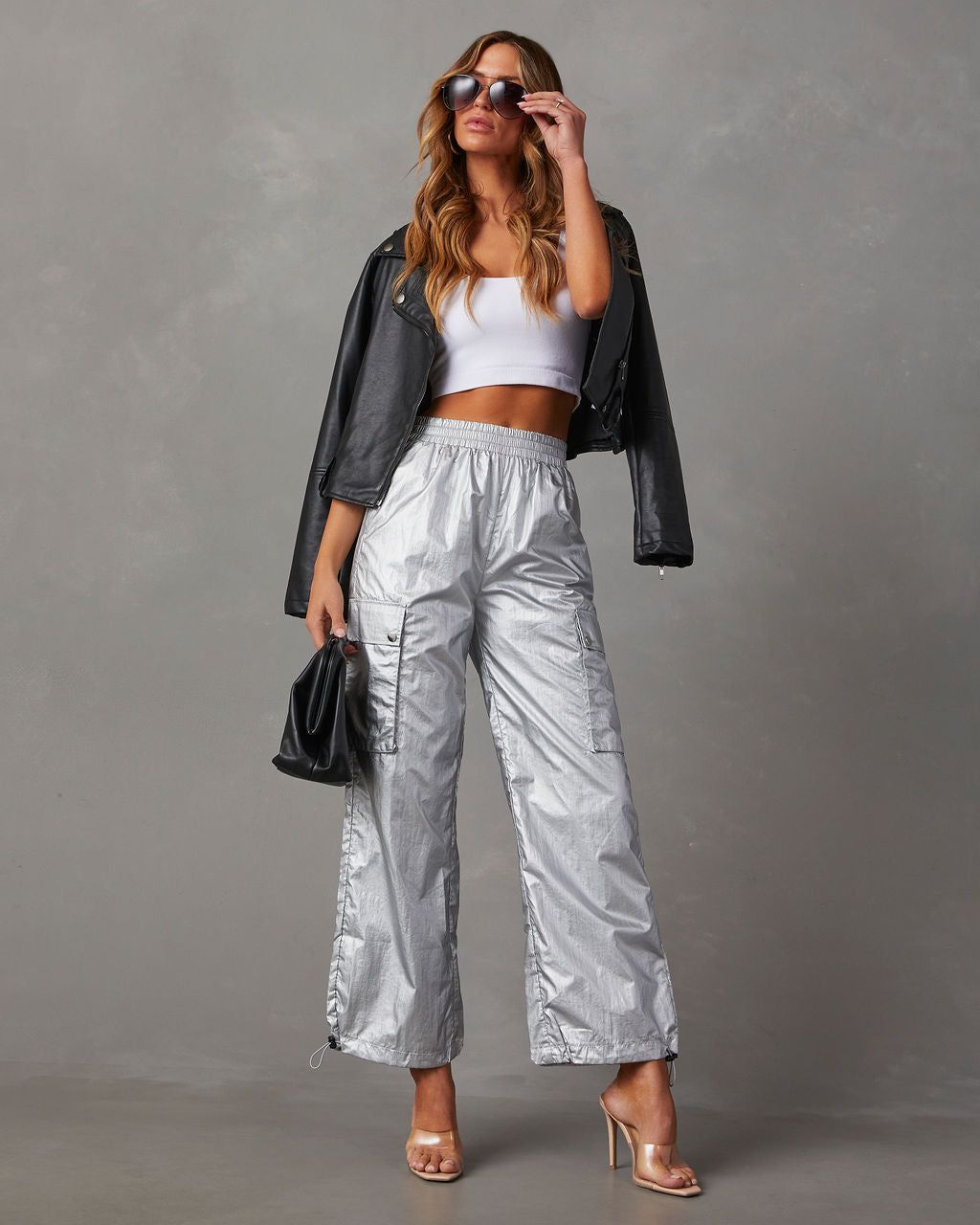 Miley High Rise Metallic Cargo Pants - Silver sold by Vici