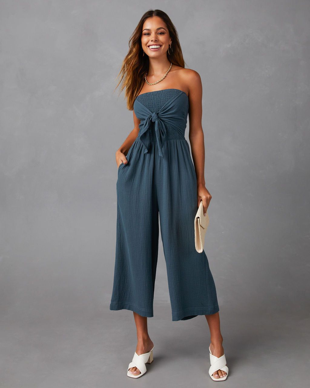 Zaia Front Tie Strapless Jumpsuit - Lake - FINAL SALE sold by Vici