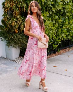 Kells Floral Tie Strap Midi Dress - Pink - FINAL SALE sold by Vici