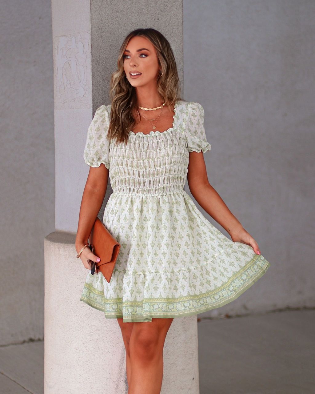 Kenna Printed Smocked Babydoll Dress sold by Vici