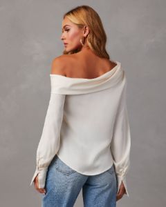 Runway Girl Satin Off Shoulder Top - Cream sold by Vici