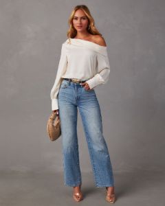 Runway Girl Satin Off Shoulder Top - Cream sold by Vici