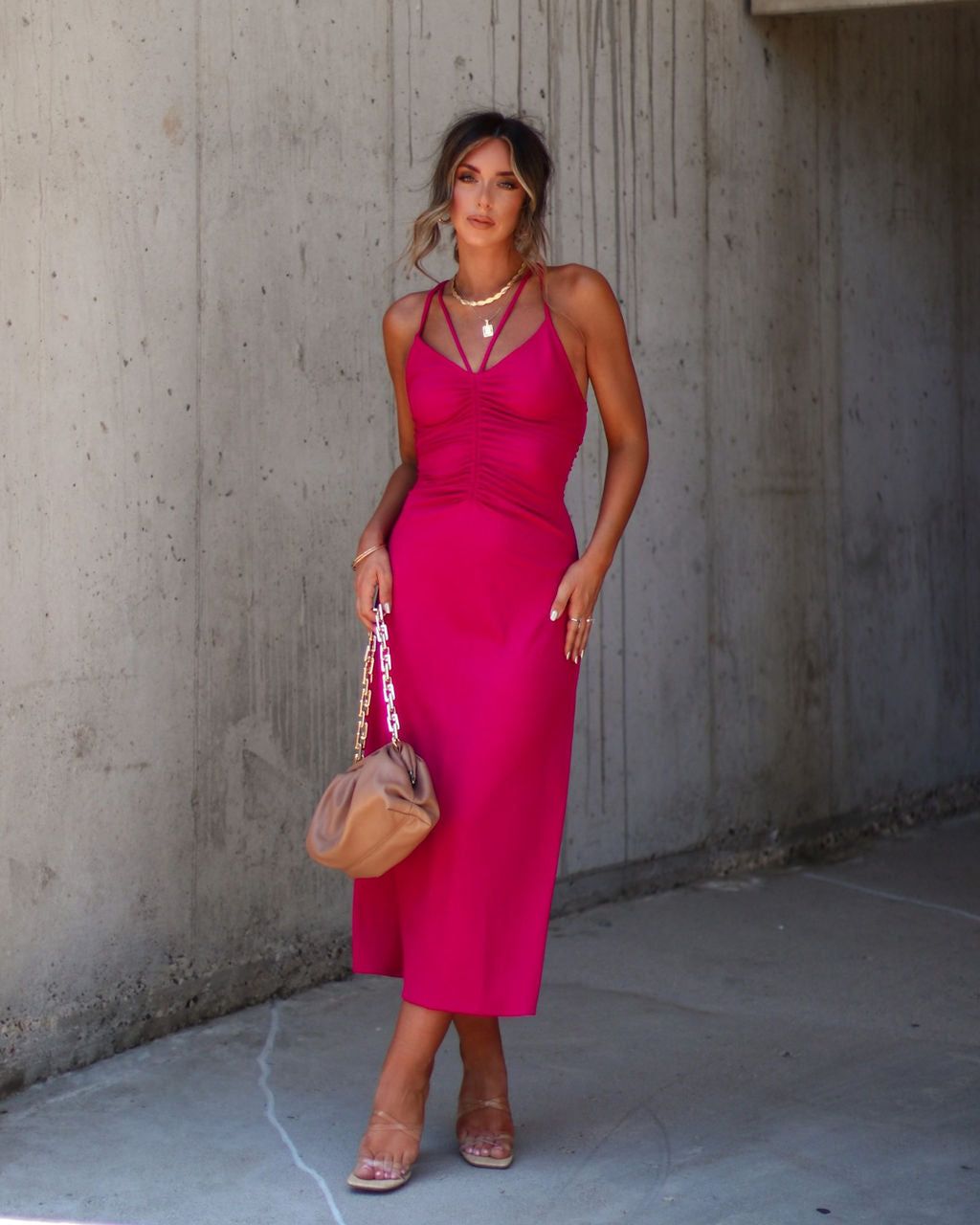 Zya Ruched Midi Dress - Magenta - SALE sold by Vici