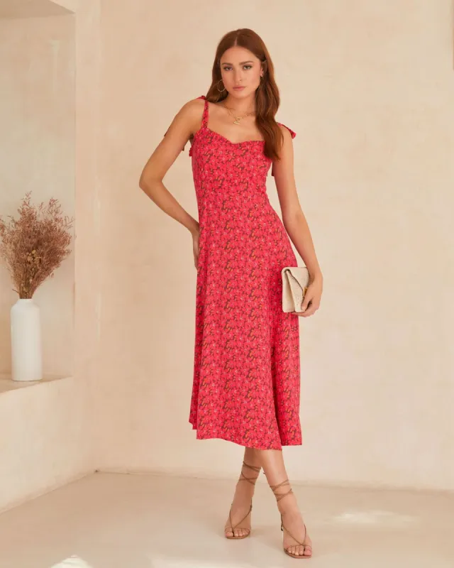 Riko Floral Shoulder Tie Midi Dress - Berry sold by Vici
