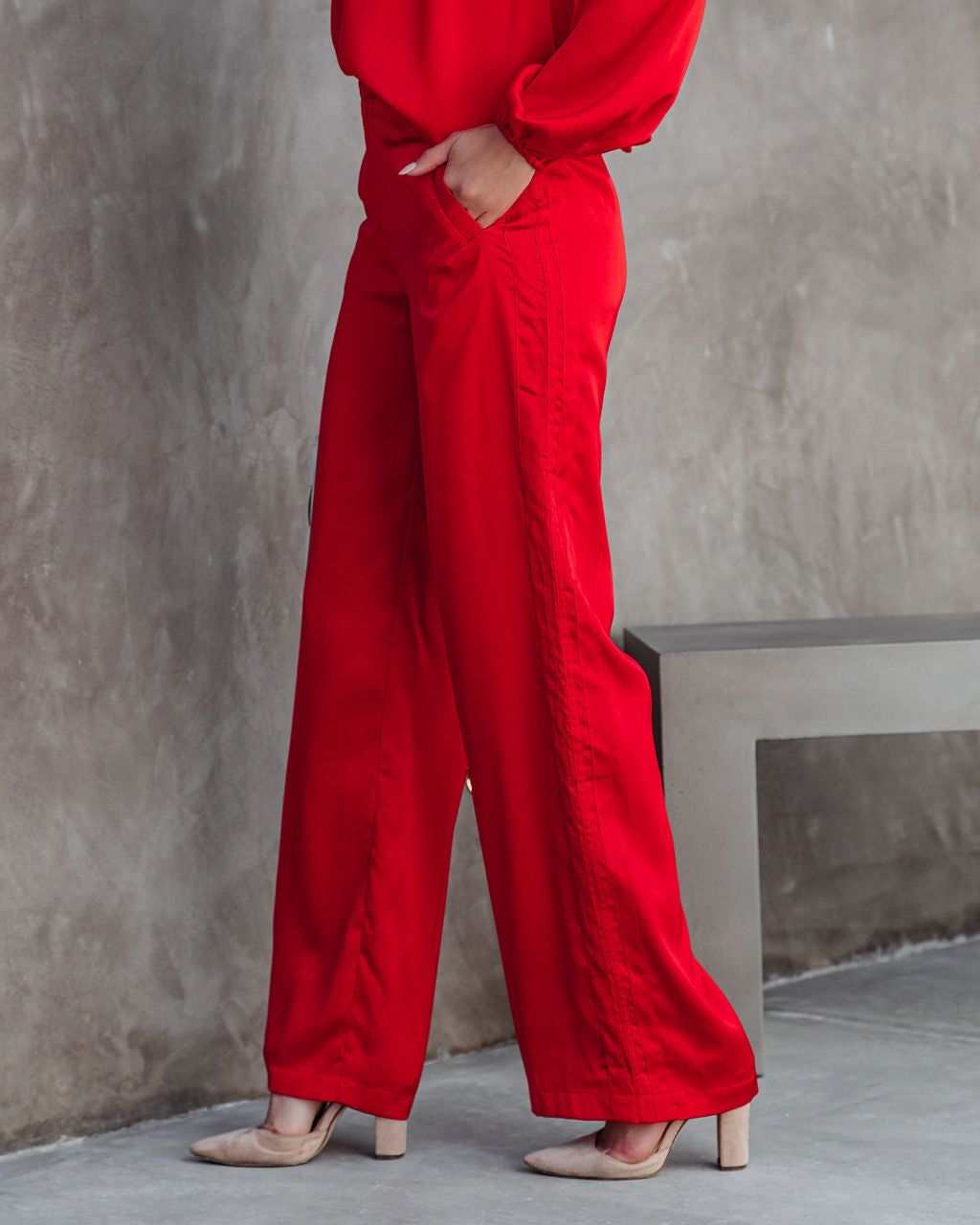 Clockwork Pocketed Satin Wide Leg Trousers - Red - FINAL SALE sold by Vici product image thumbnail 4