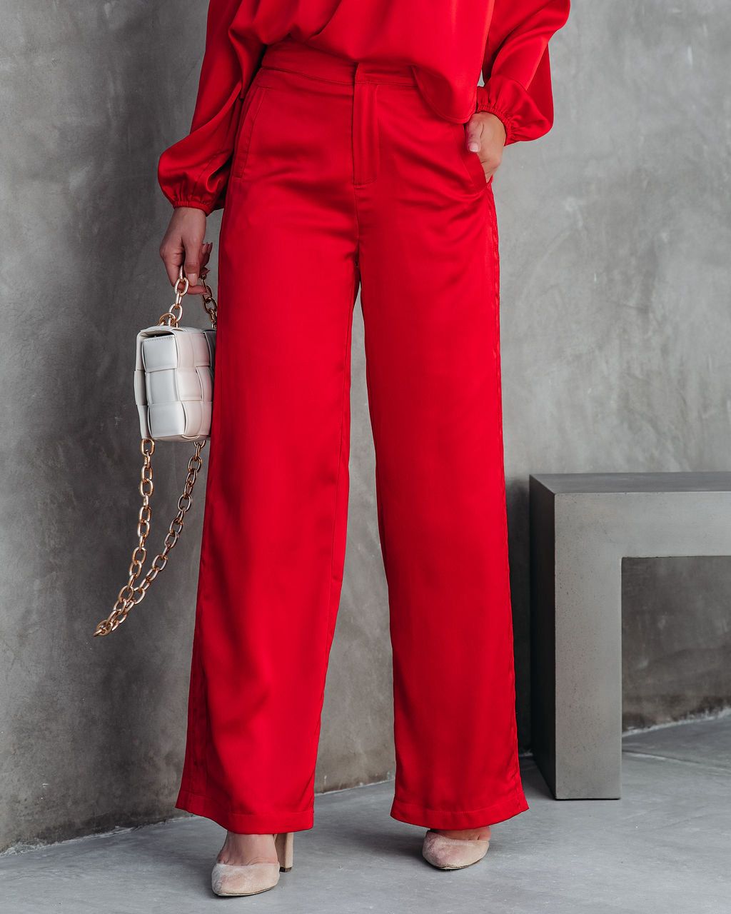 Clockwork Pocketed Satin Wide Leg Trousers - Red - FINAL SALE sold by Vici product image thumbnail 7