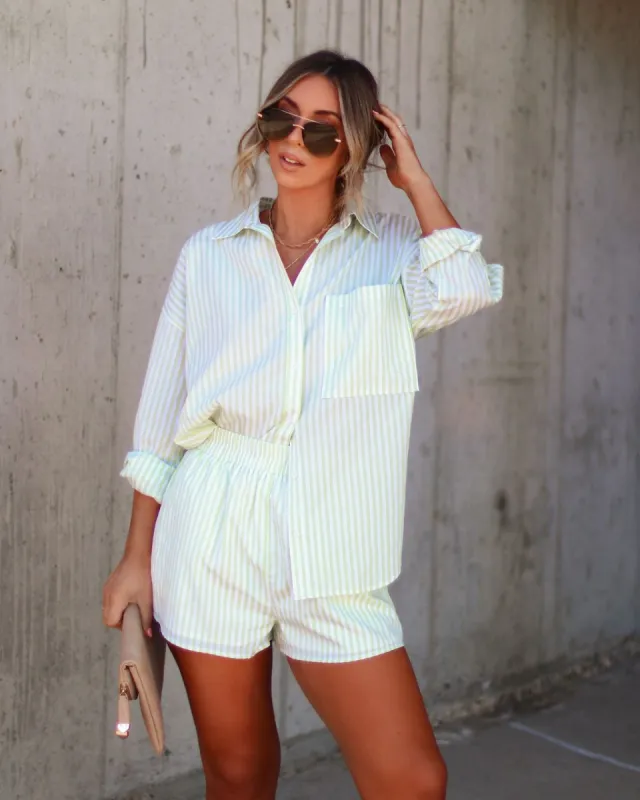 Clear The Air Stripe Cotton Blend Button Down Top - Lime/White - FINAL SALE sold by Vici