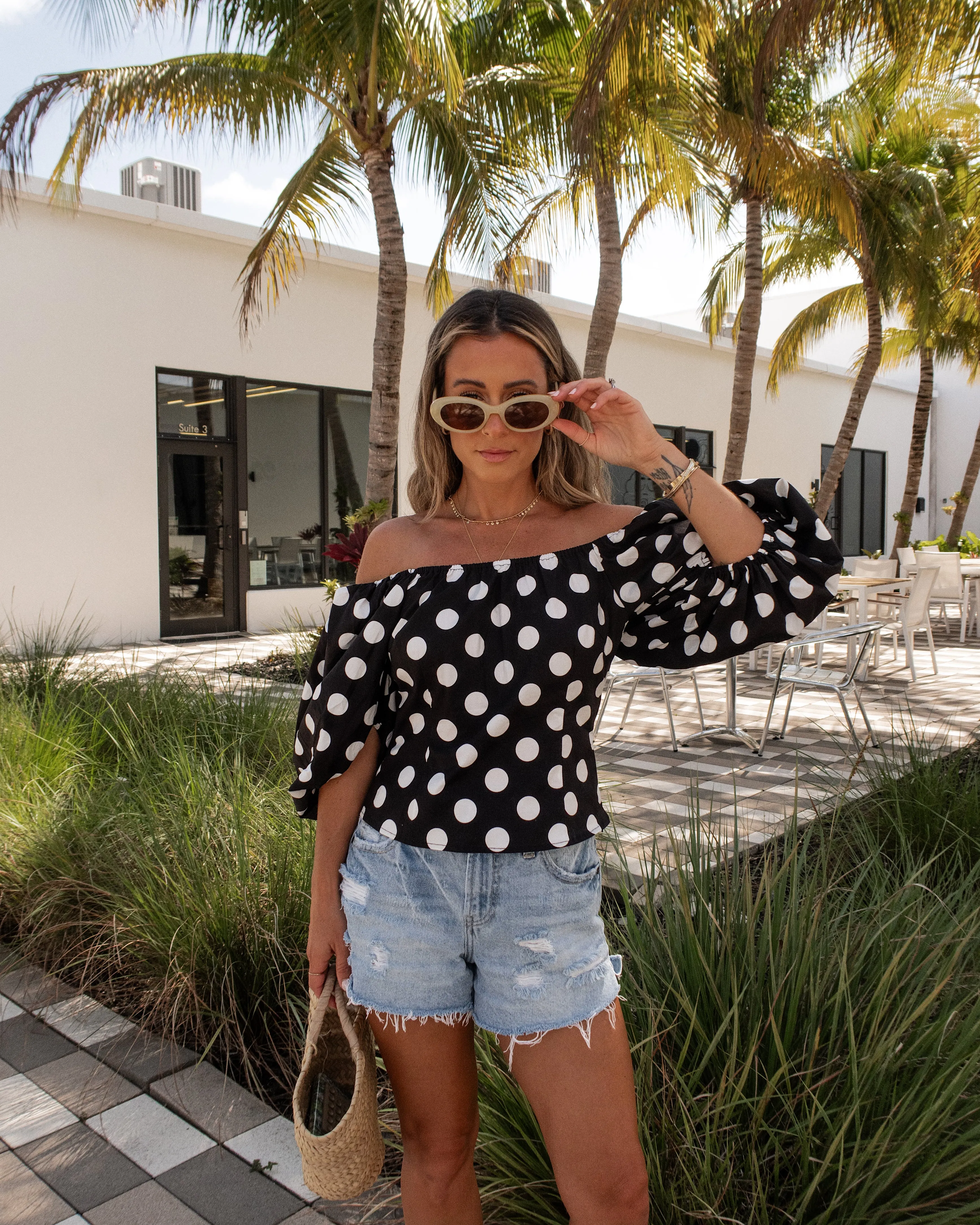 Betty Off The Shoulder Polka Dot Blouse sold by Vici