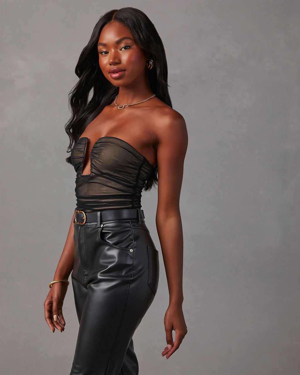 Jazlynn Mesh Strapless Ruched Cutout Bodysuit - Black sold by Vici product image thumbnail 3