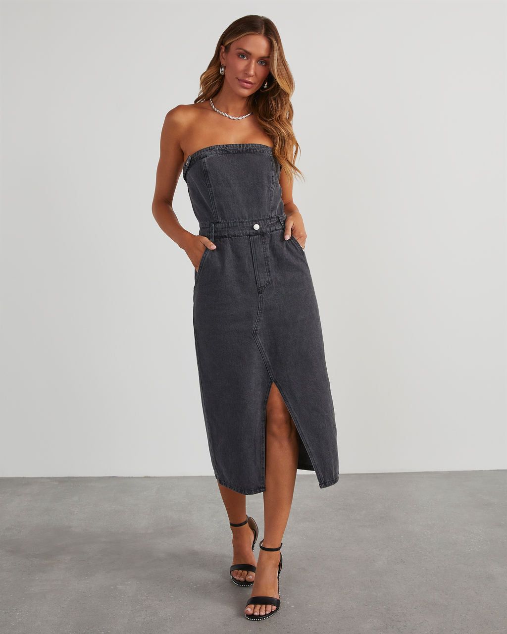 Edgy Era Denim Strapless Midi Dress - Black sold by Vici product image thumbnail 6