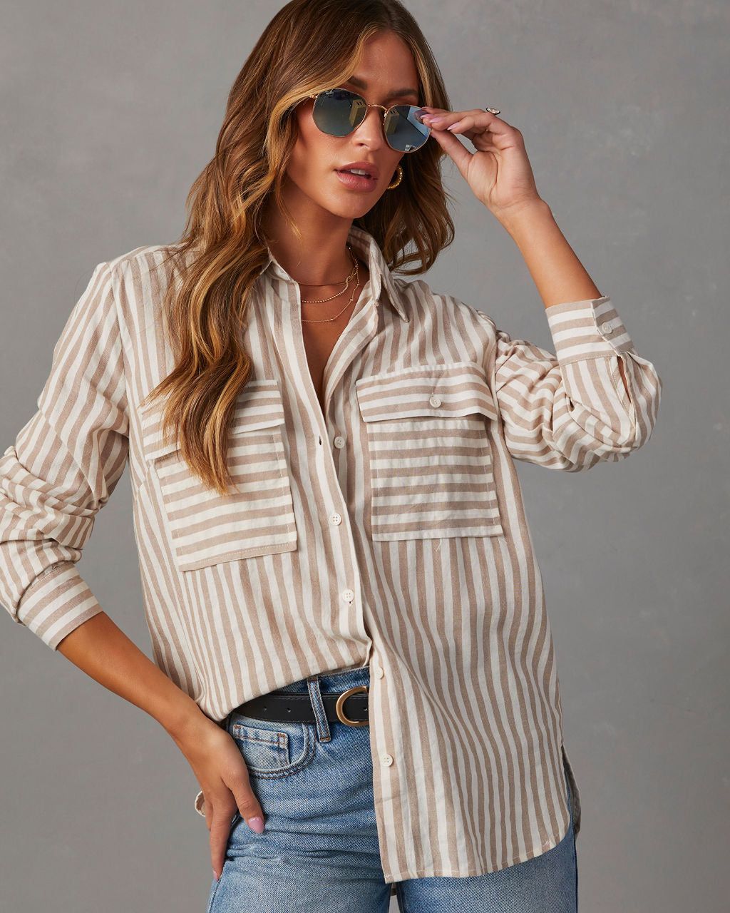 Greenport Cotton Blend Striped Button Down Top sold by Vici product image thumbnail 2