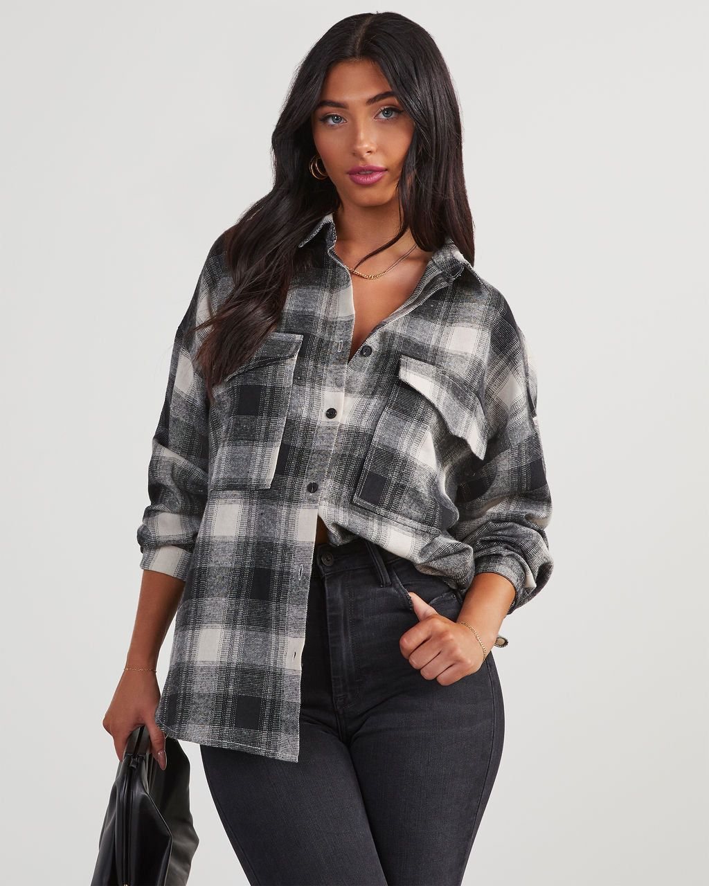 Petaluma Cotton Blend Plaid Button Down Top - Black sold by Vici product image thumbnail 5