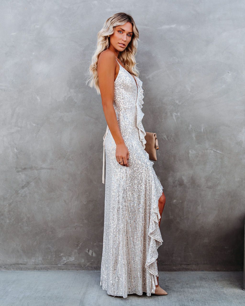 Sparkle In Her Eyes Sequin High Low Ruffle Maxi Dress - Nude - FINAL SALE sold by Vici product image thumbnail 10