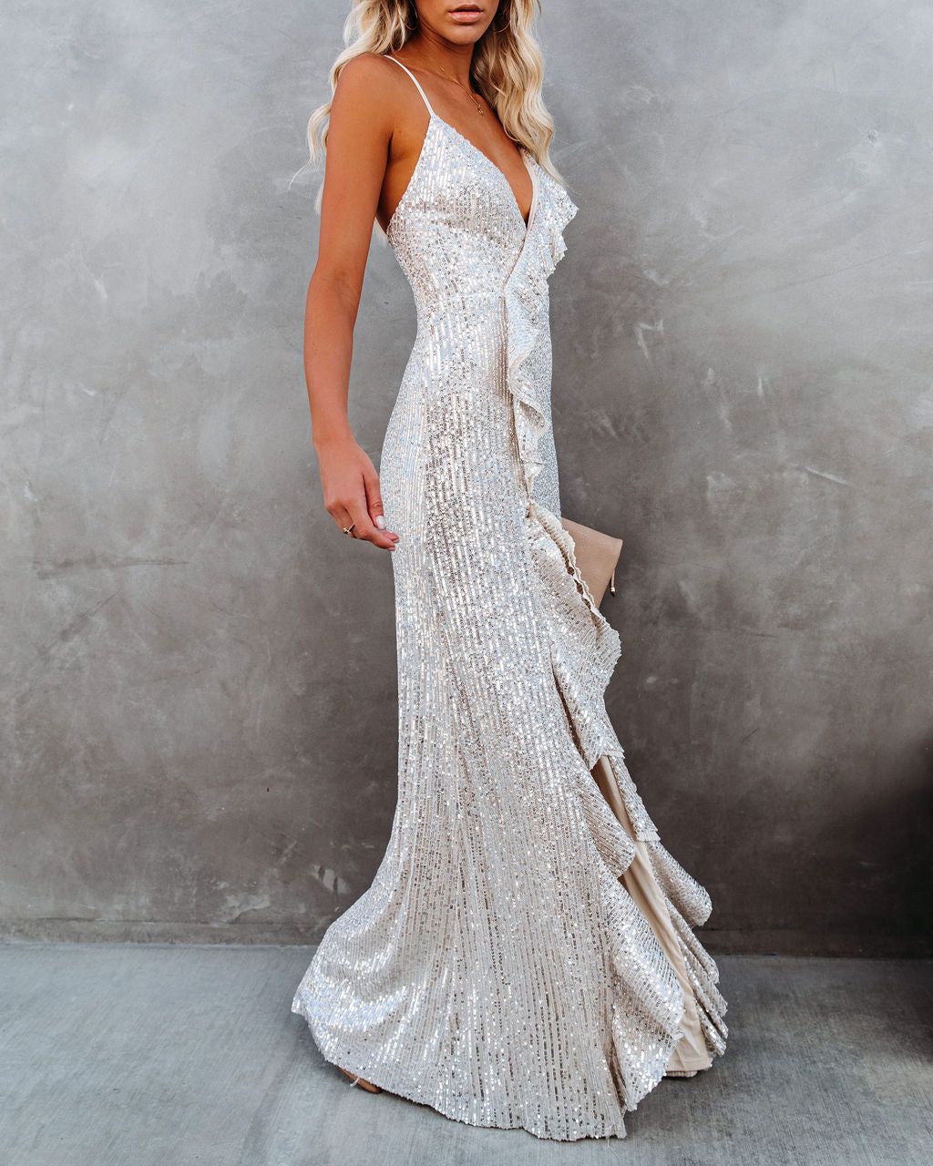 Sparkle In Her Eyes Sequin High Low Ruffle Maxi Dress - Nude - FINAL SALE sold by Vici product image thumbnail 3
