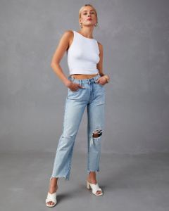 Keep Looking High Waisted Distressed Boyfriend Jeans sold by Vici