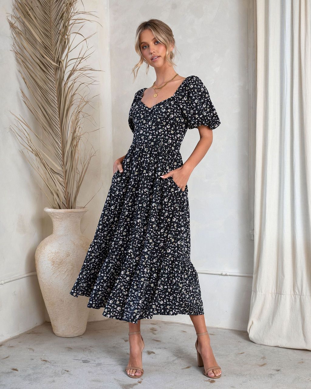 Charlie Floral Puff Sleeve Pocketed Midi Dress sold by Vici