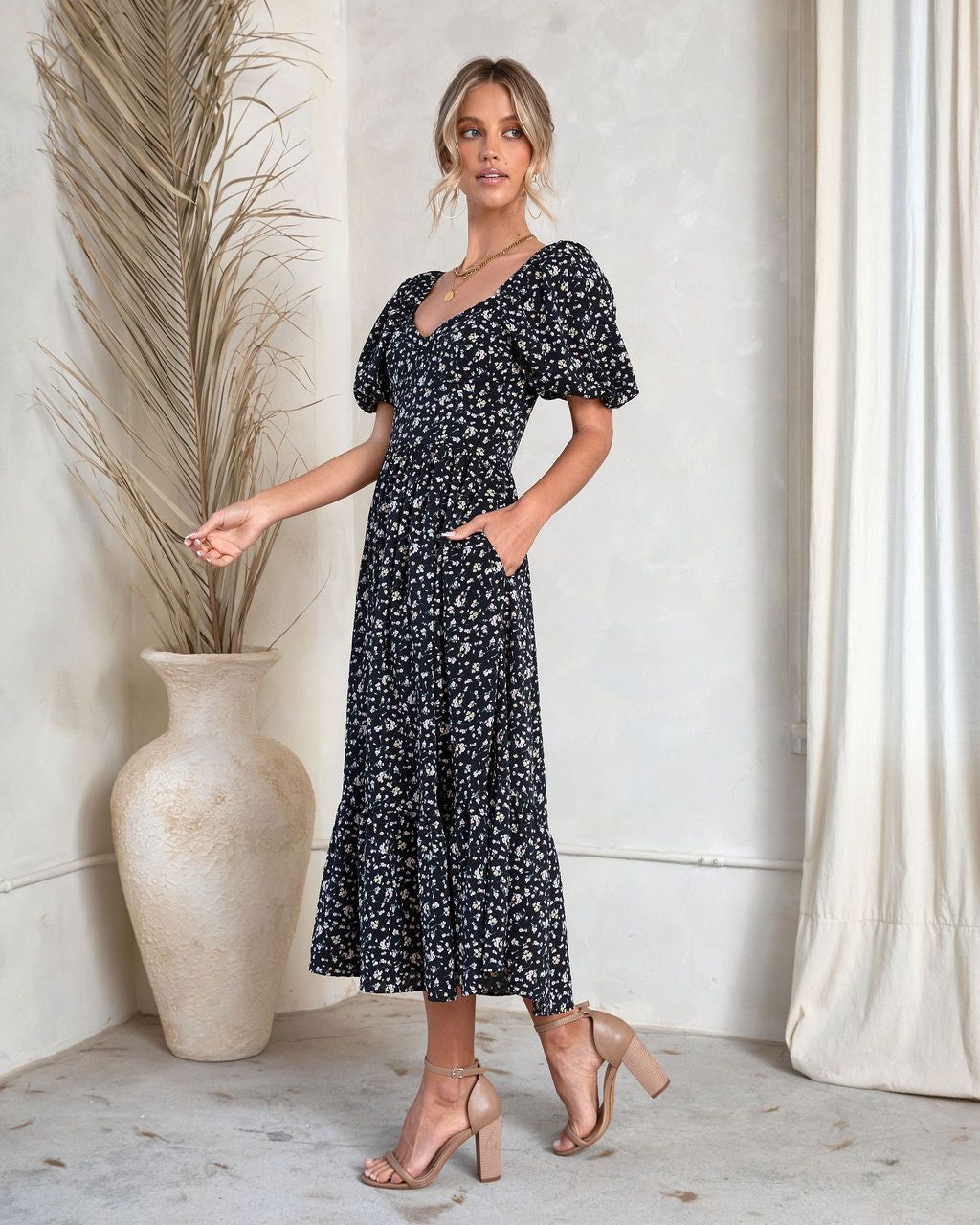 Charlie Floral Puff Sleeve Pocketed Midi Dress sold by Vici product image thumbnail 5