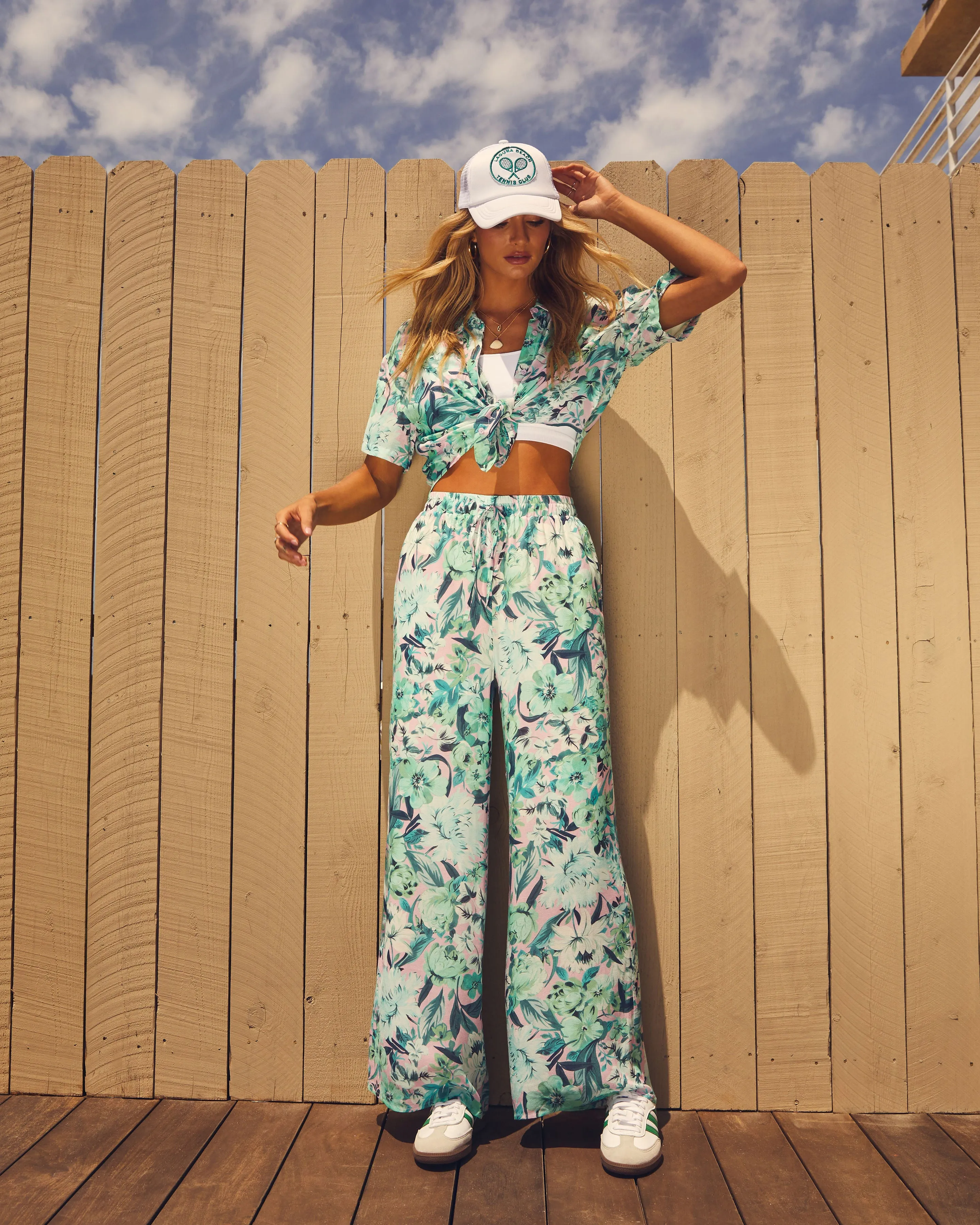 Clearwater Tropical Print Drawstring Wide Leg Pant sold by Vici