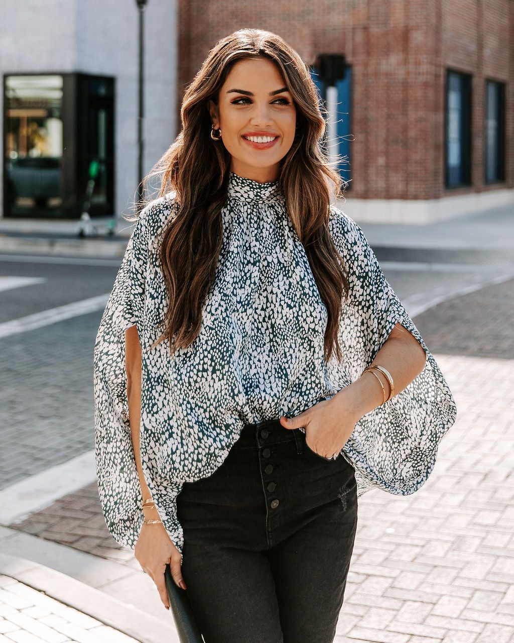 Maricopa Printed Cape Sleeve Blouse - Hunter Green - FINAL SALE sold by Vici