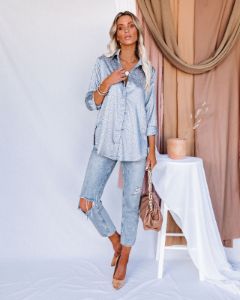 Blue Moon Satin Embossed Button Down Blouse - Slate - FINAL SALE sold by Vici