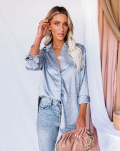 Blue Moon Satin Embossed Button Down Blouse - Slate - FINAL SALE sold by Vici