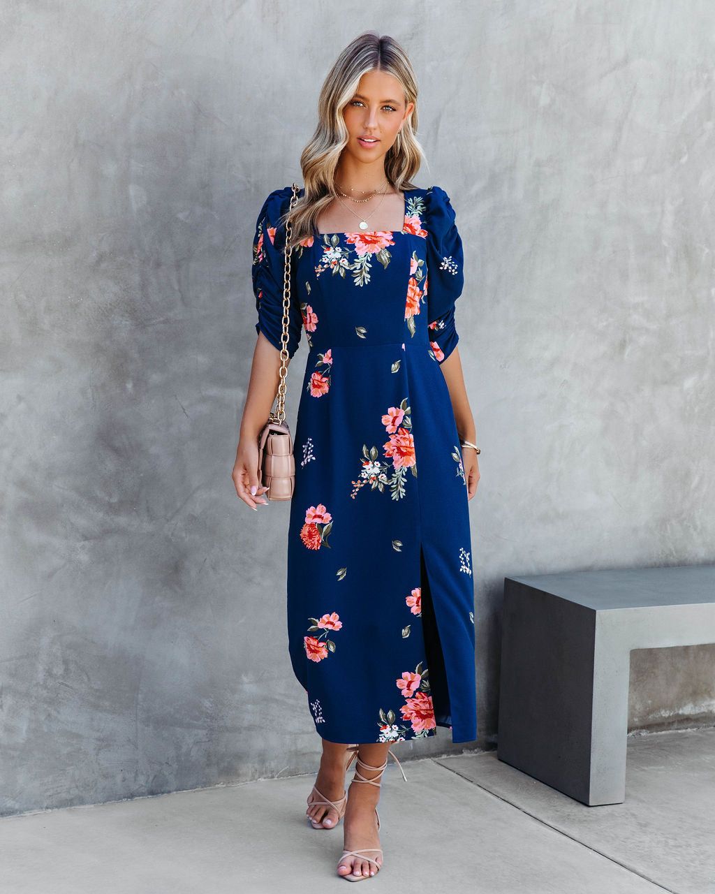 Life Is Peachy Floral Ruched Puff Sleeve Midi Dress - FINAL SALE sold by Vici product image thumbnail 5
