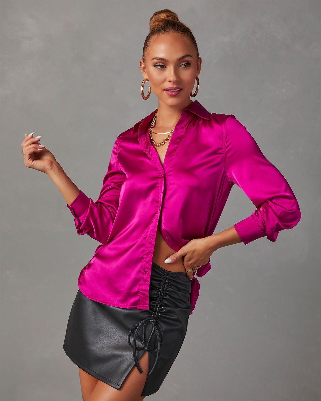 Nadine Satin Button Down Top - Fuchsia sold by Vici product image thumbnail 5