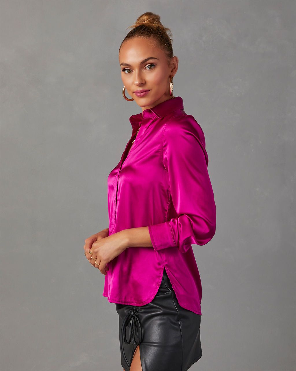 Nadine Satin Button Down Top - Fuchsia sold by Vici product image thumbnail 3