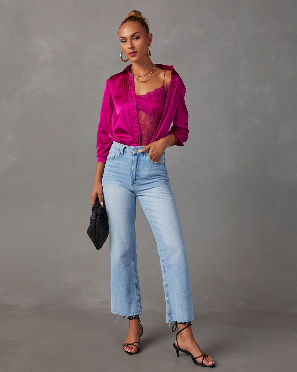 Nadine Satin Button Down Top - Fuchsia sold by Vici product image thumbnail 2