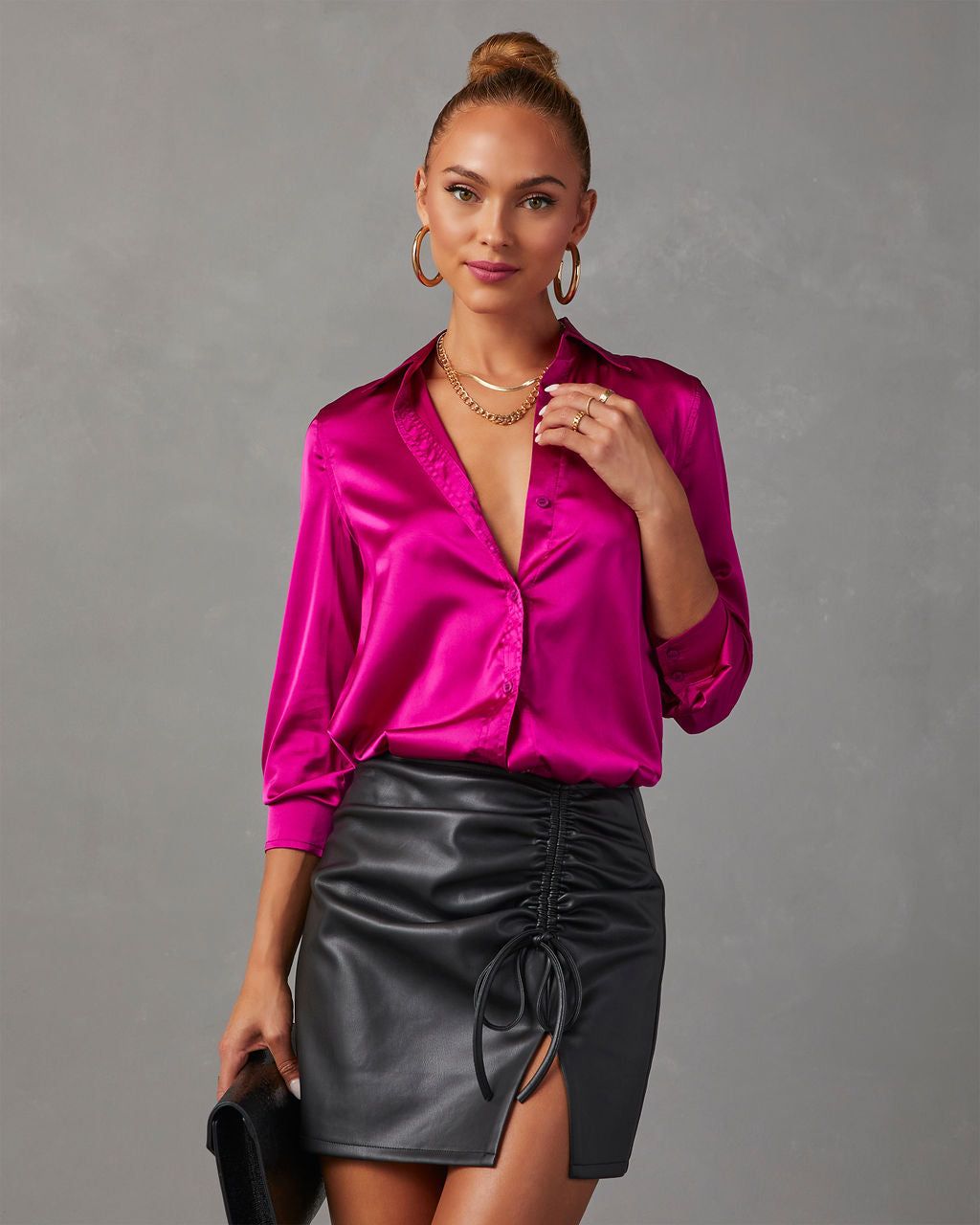 Nadine Satin Button Down Top - Fuchsia sold by Vici